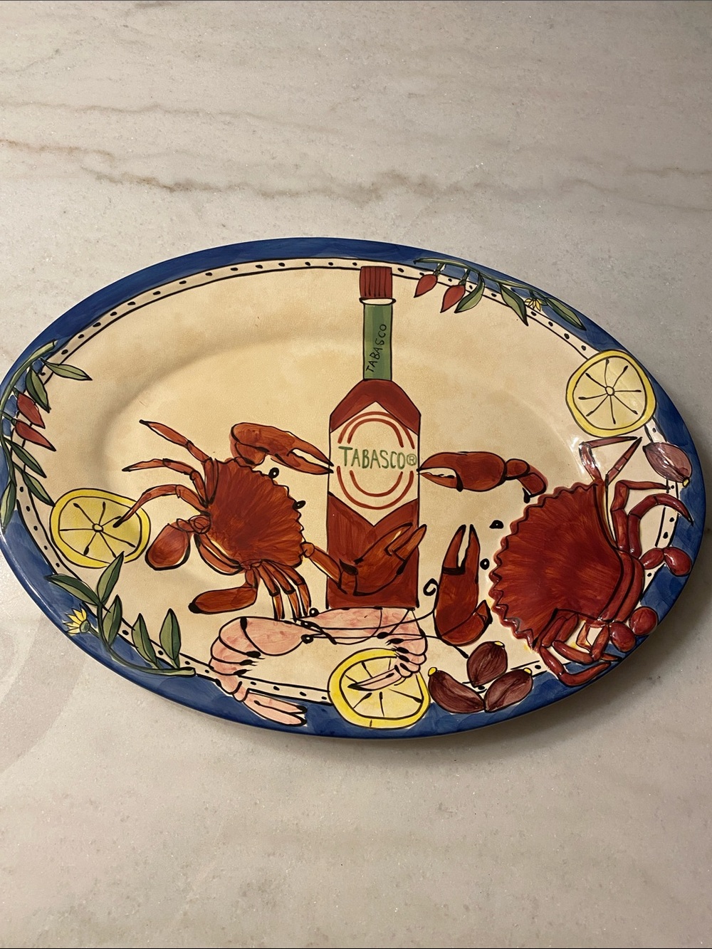 Tika Tabasco Ceramic Seafood Platter with Blue Rim and Red Crab Artwork